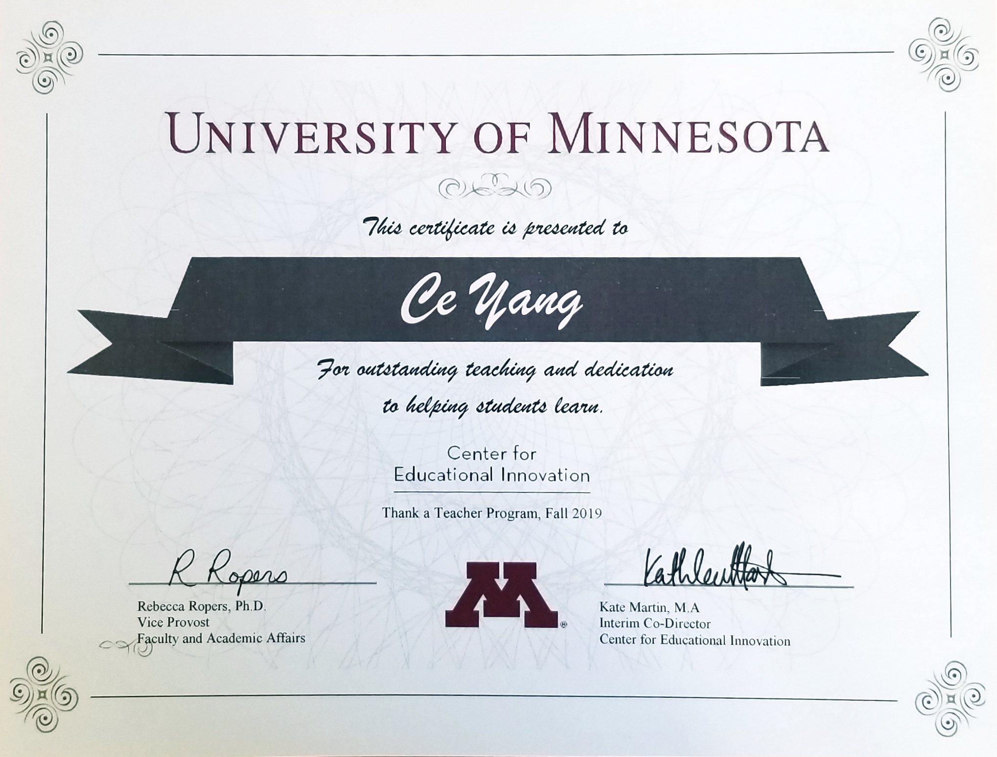 Certificate for outstanding teaching